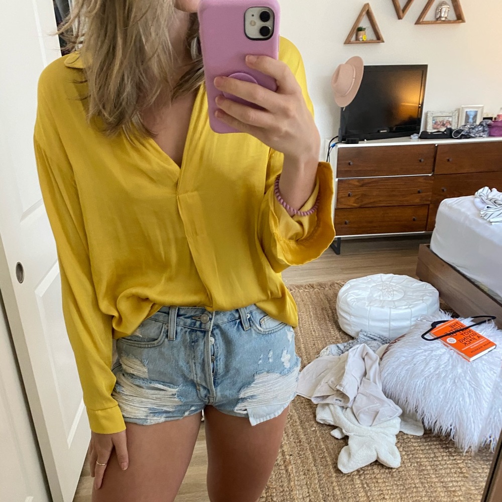 Yellow silk long sleeve top